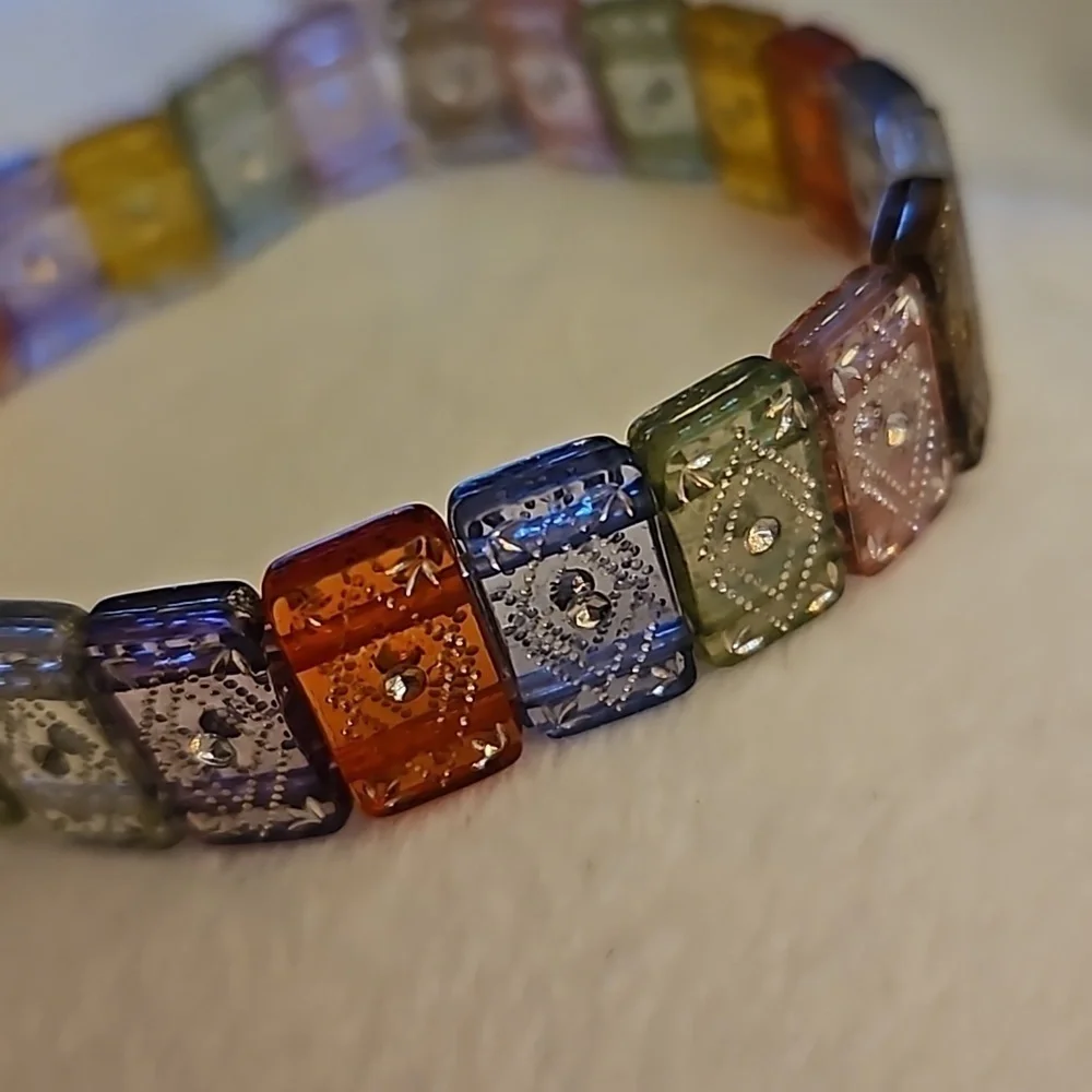 Vintage Ethnic Boho Rainbow Tile Acrylic Stretch Bracelet